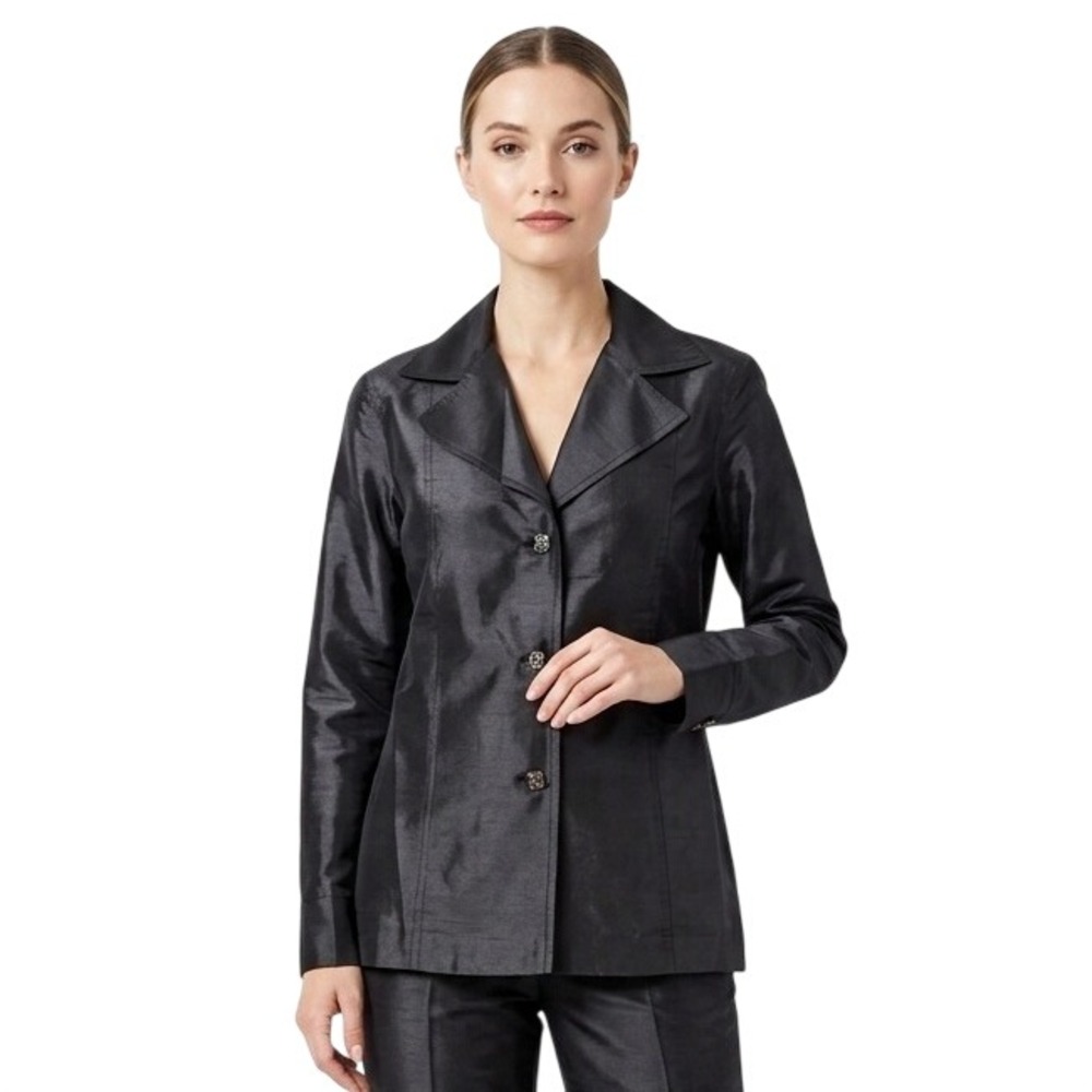 Linda Allard Ellen Tracy Black Womens 100% Silk Button Up Blouse Size 8